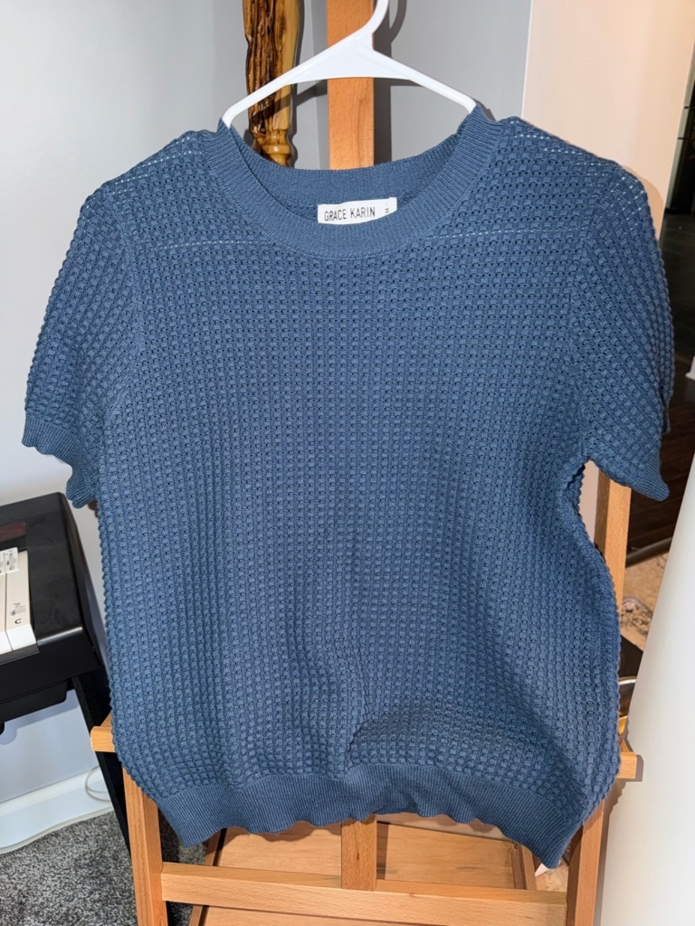 Grace Karin Short Sleeve Waffle Knit Top - Blue